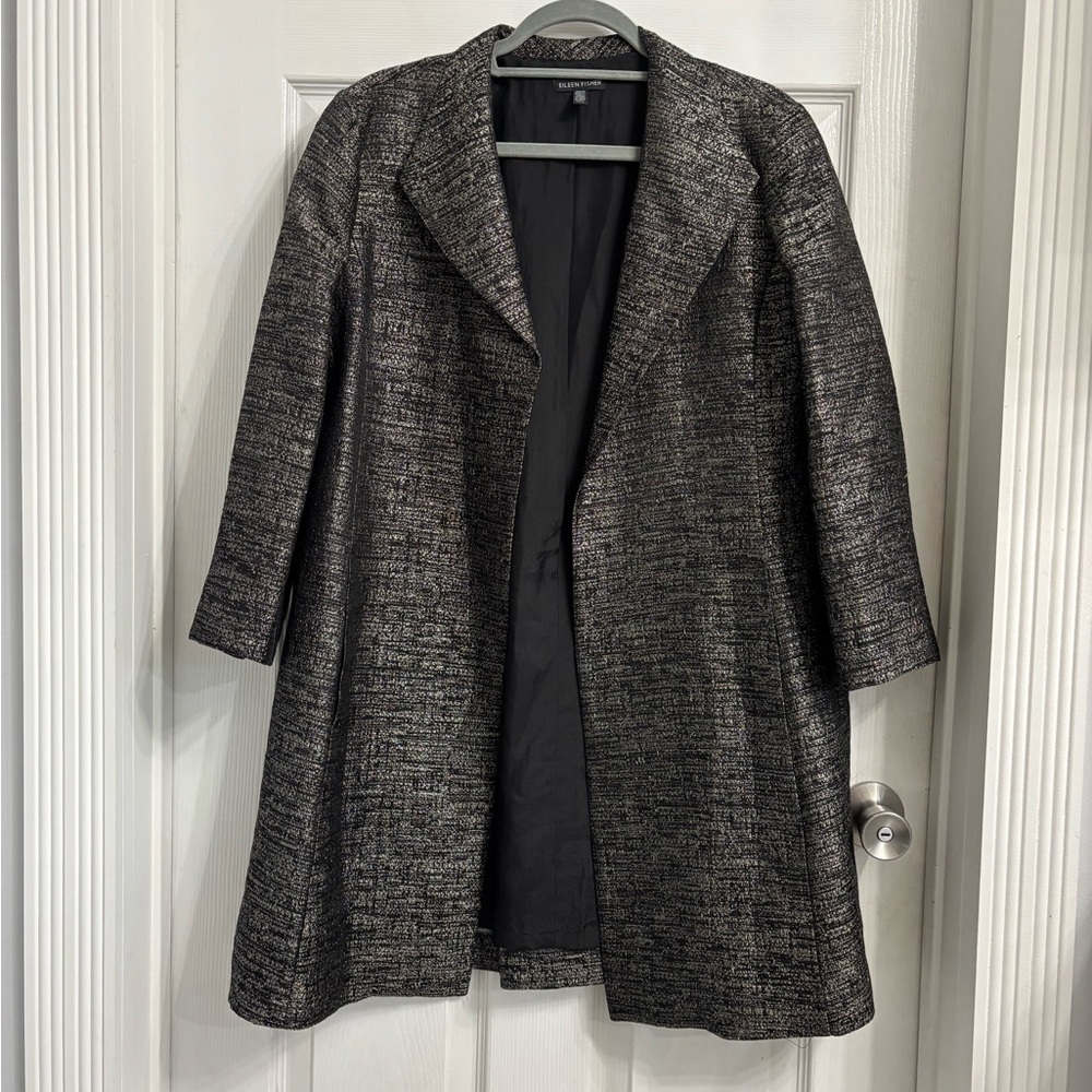 Eileen Fisher Faceted Organic Cotton Metallic Black Tweed Open Jacquard Coat Med